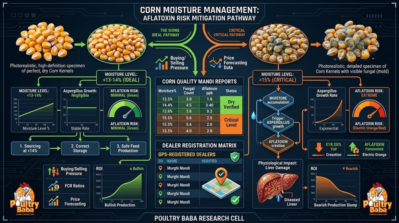 Ideal moisture level in Corn for poultry feed to avoid Aflatoxin risks.
