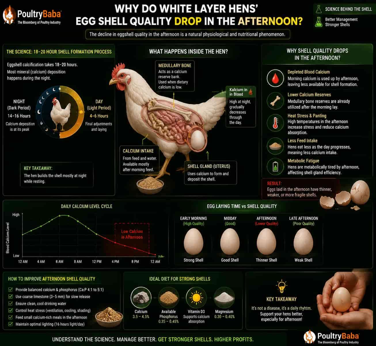 Why do white layer hens' egg shell quality drop in the afternoon?
