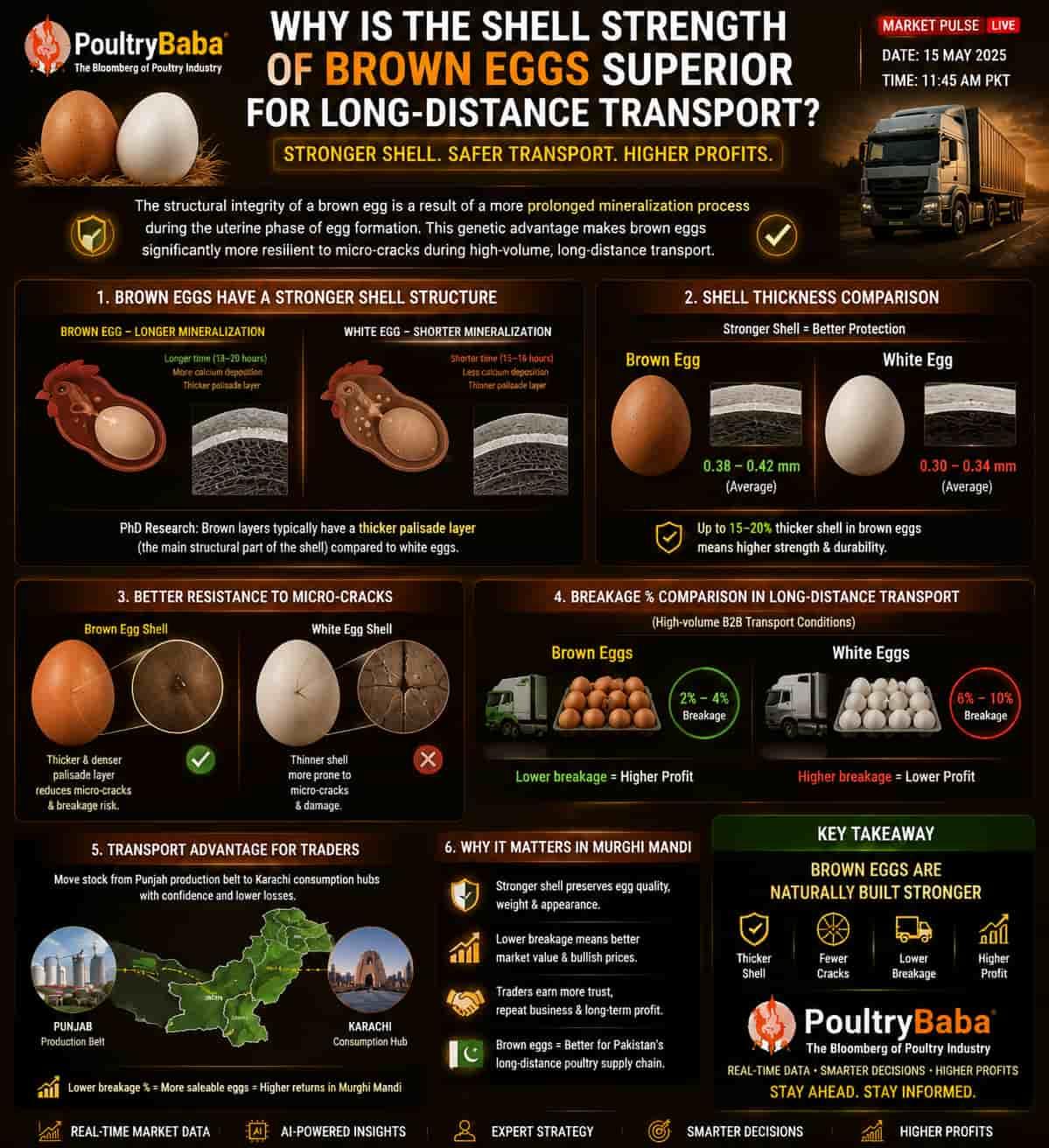Why is the shell strength of Brown Eggs superior for long-distance transport?