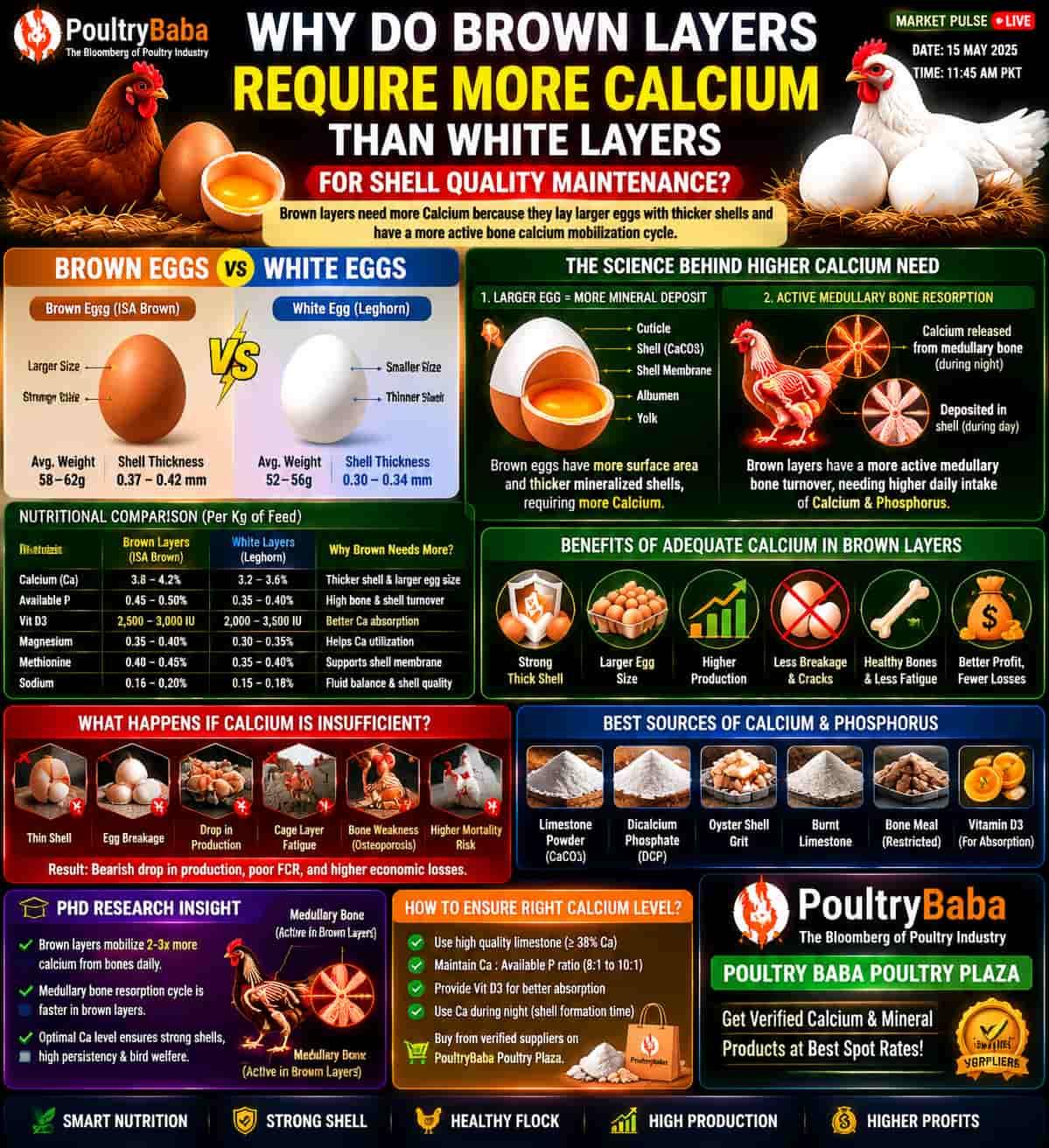 Why do brown layers require more calcium than white layers for shell quality maintenance?
