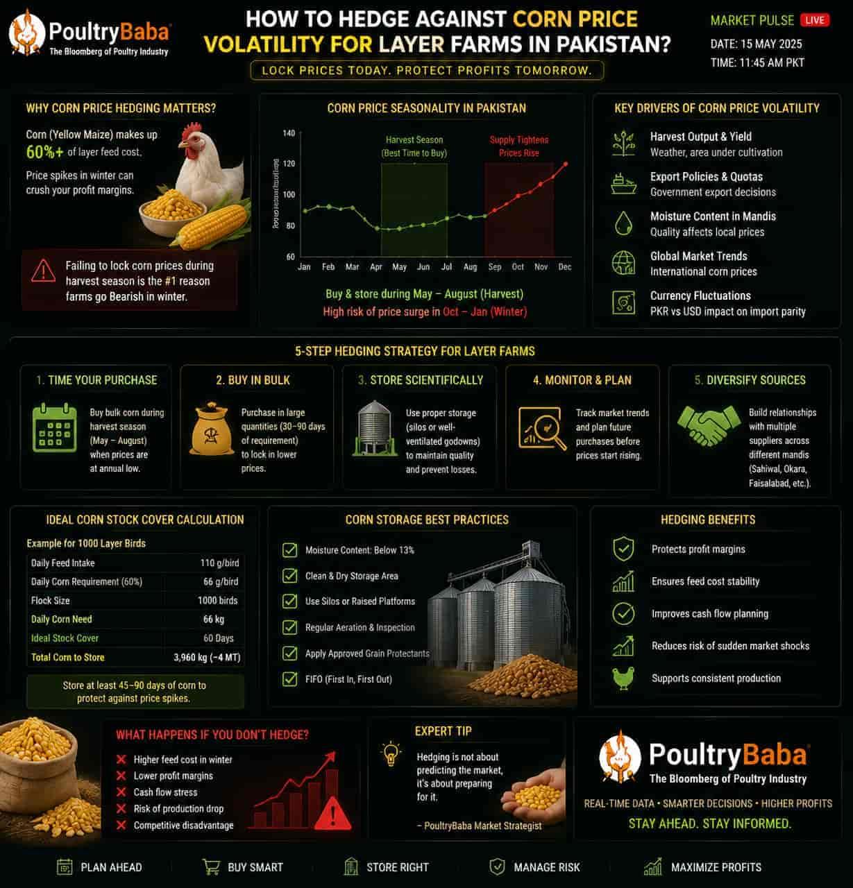 How to hedge against corn price volatility for layer farms in Pakistan?