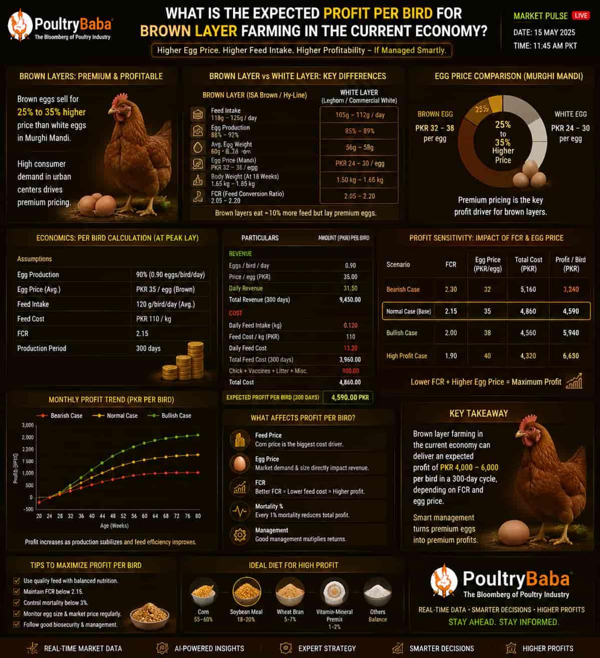 What is the expected profit per bird for Brown Layer farming in the current economy?