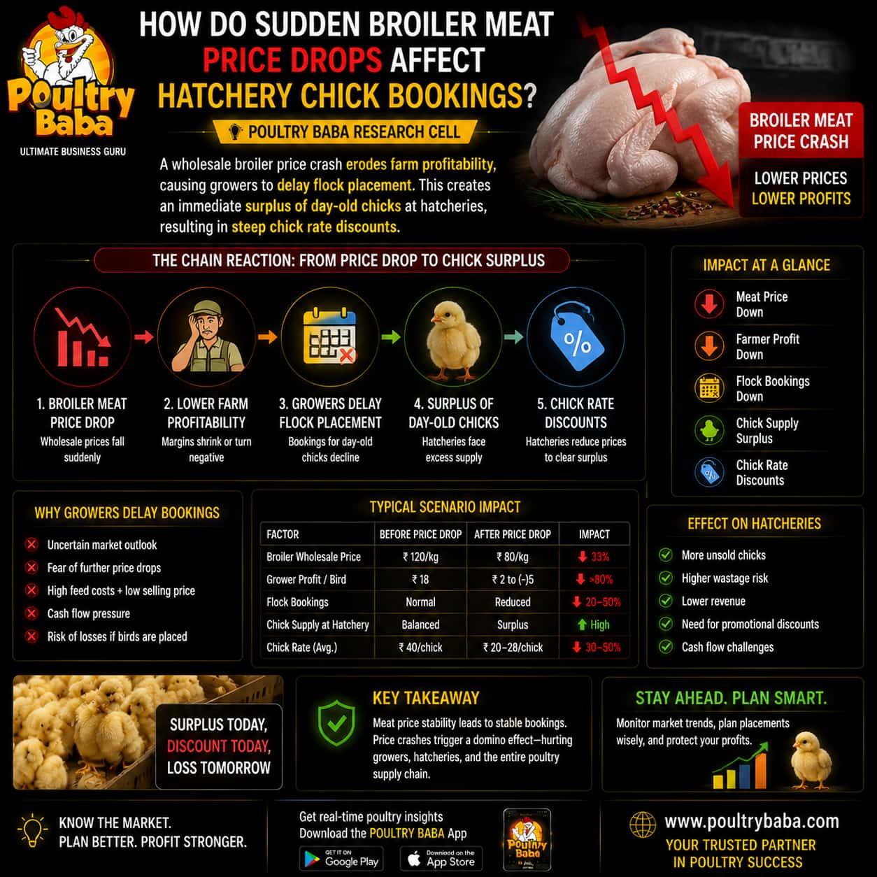 How do sudden broiler meat price drops affect hatchery chick bookings?