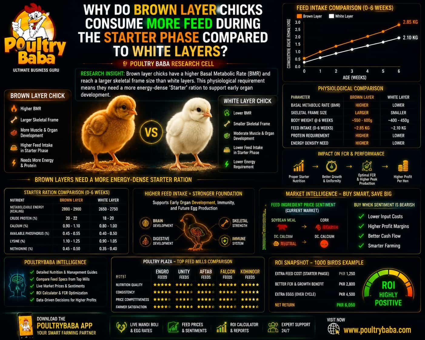 Why do brown layer chicks consume more feed during the starter phase compared to white layers?