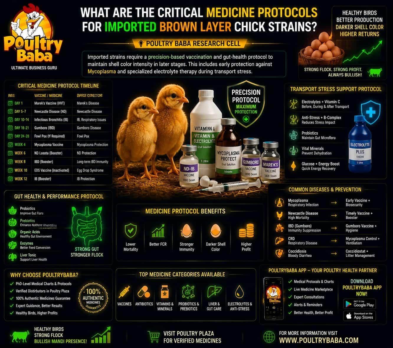 What are the critical medicine protocols for imported brown layer chick strains?
