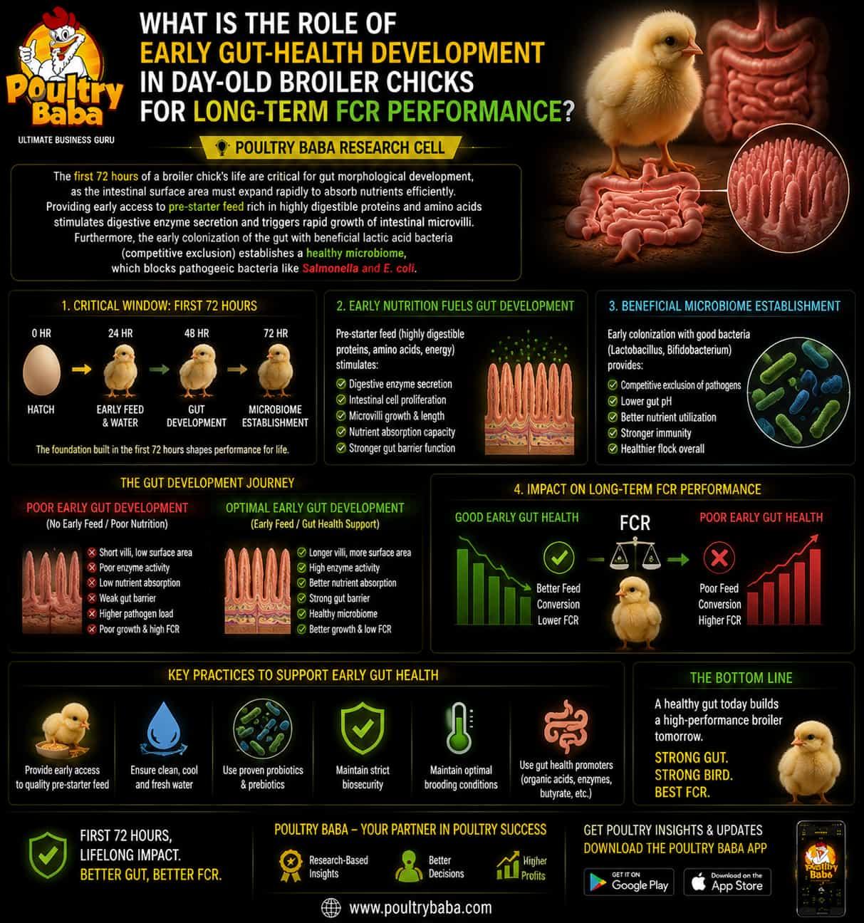 What is the role of early gut-health development in day-old Broiler Chicks for long-term FCR performance?