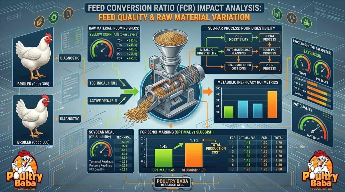 How does feed mill quality and raw material variation affect broiler FCR in Pakistan?