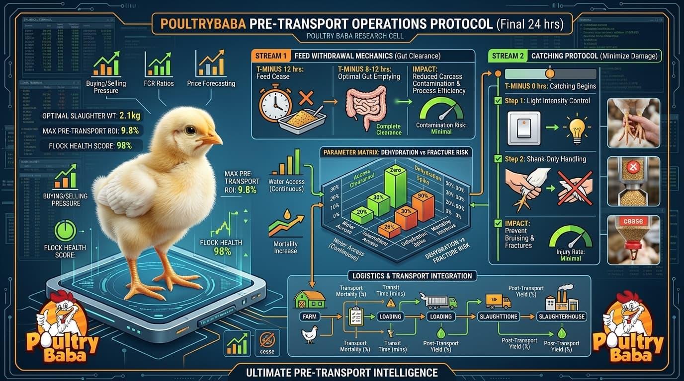 What is the optimal feed withdrawal and catching protocol before transporting broilers to the slaughterhouse?