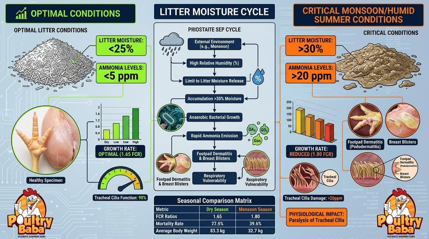 How do seasonal humidity fluctuations in Pakistan impact broiler litter management and health?