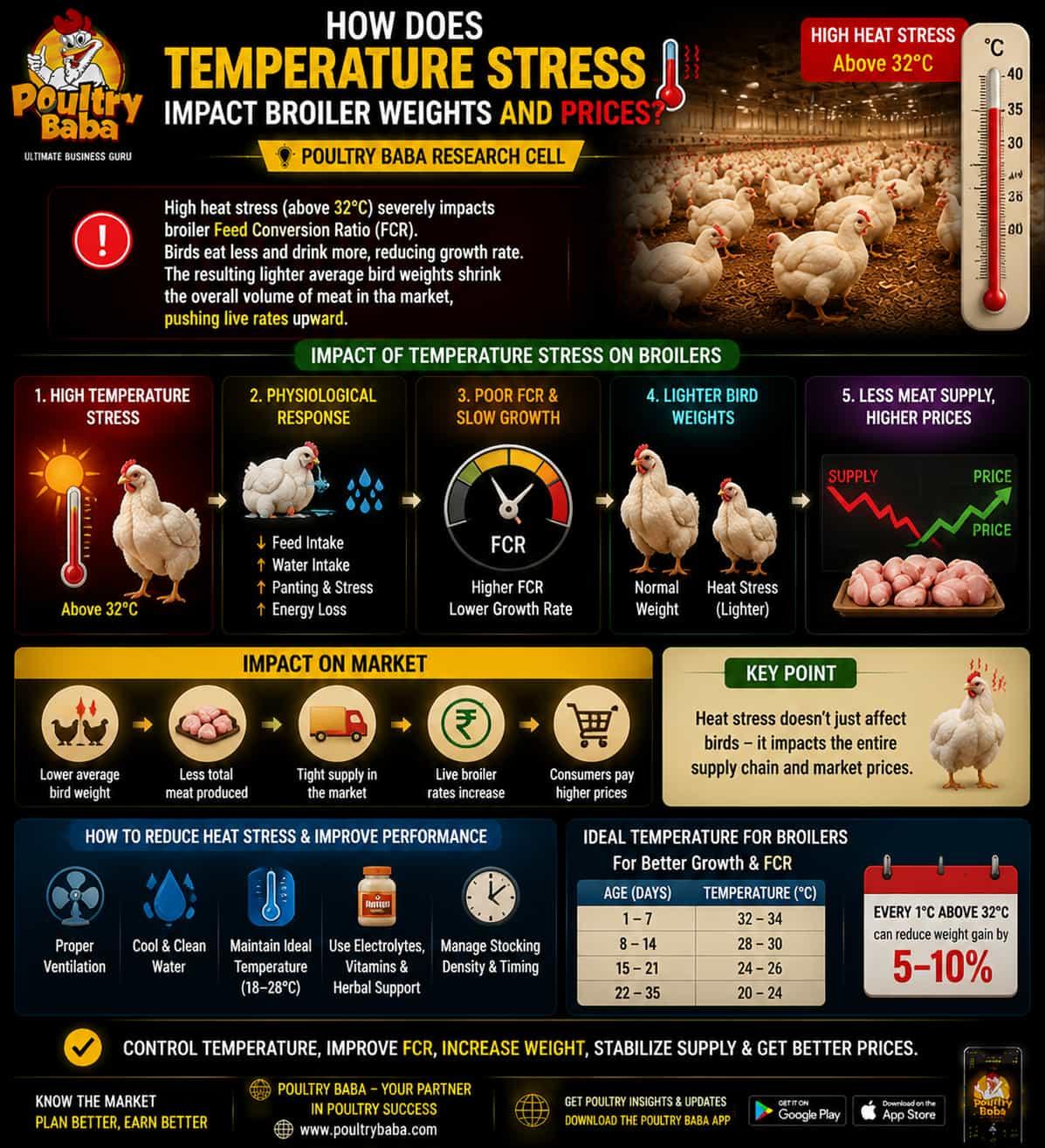 How does temperature stress impact broiler weights and prices?