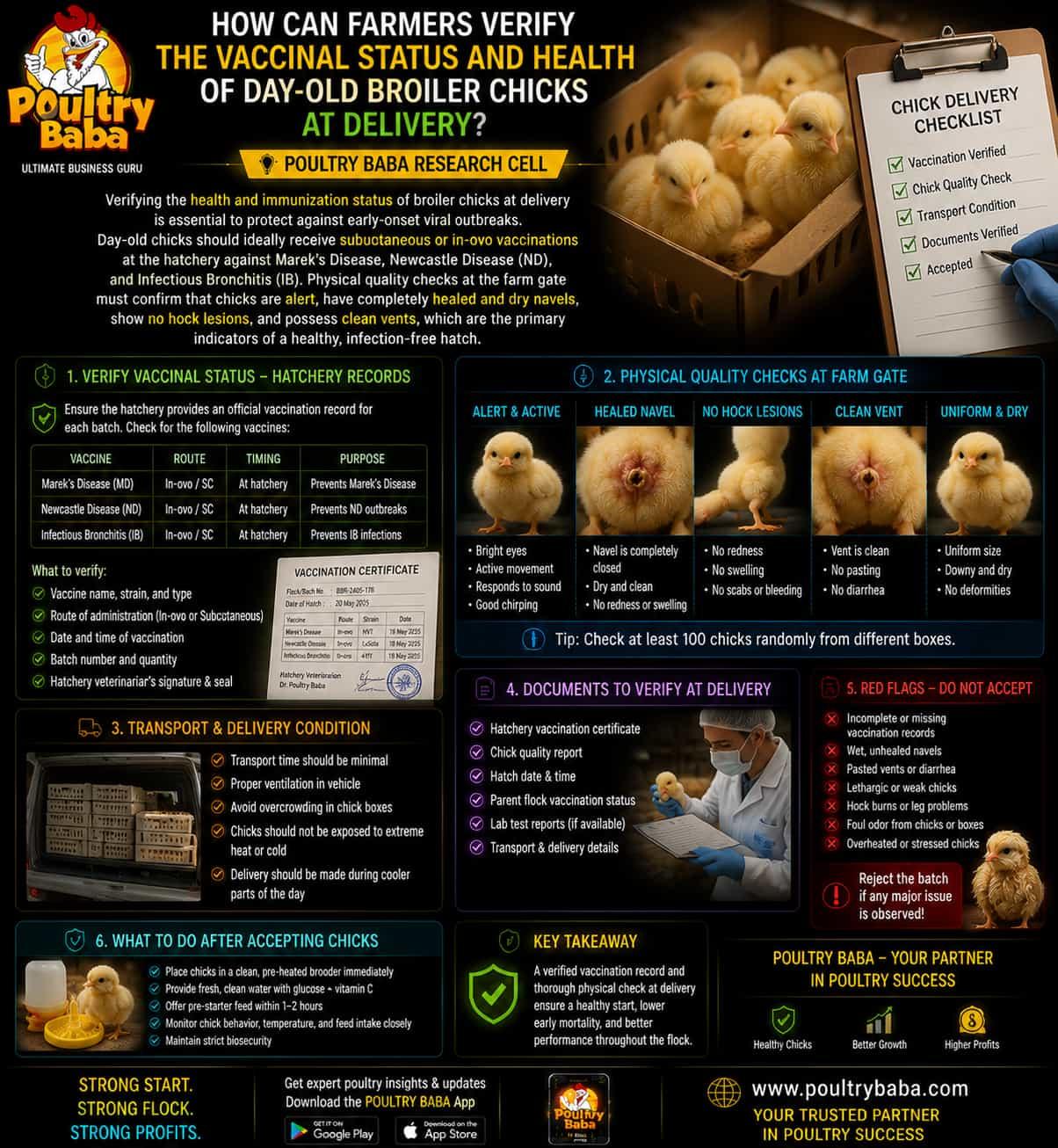 How can farmers verify the vaccinal status and health of day-old Broiler Chicks at delivery?